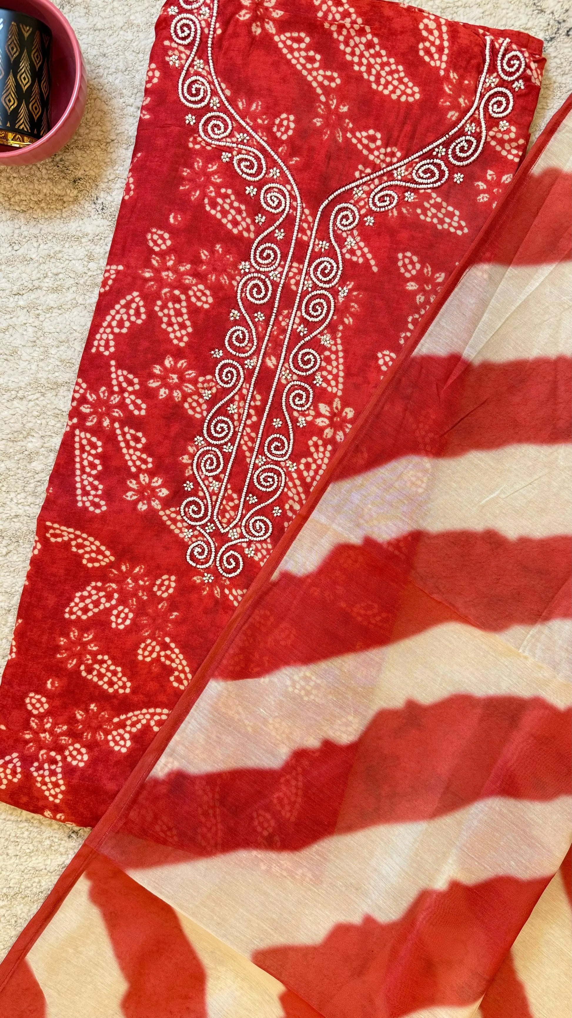 Women Bandhani Embellished Muslin Suit Dress Material