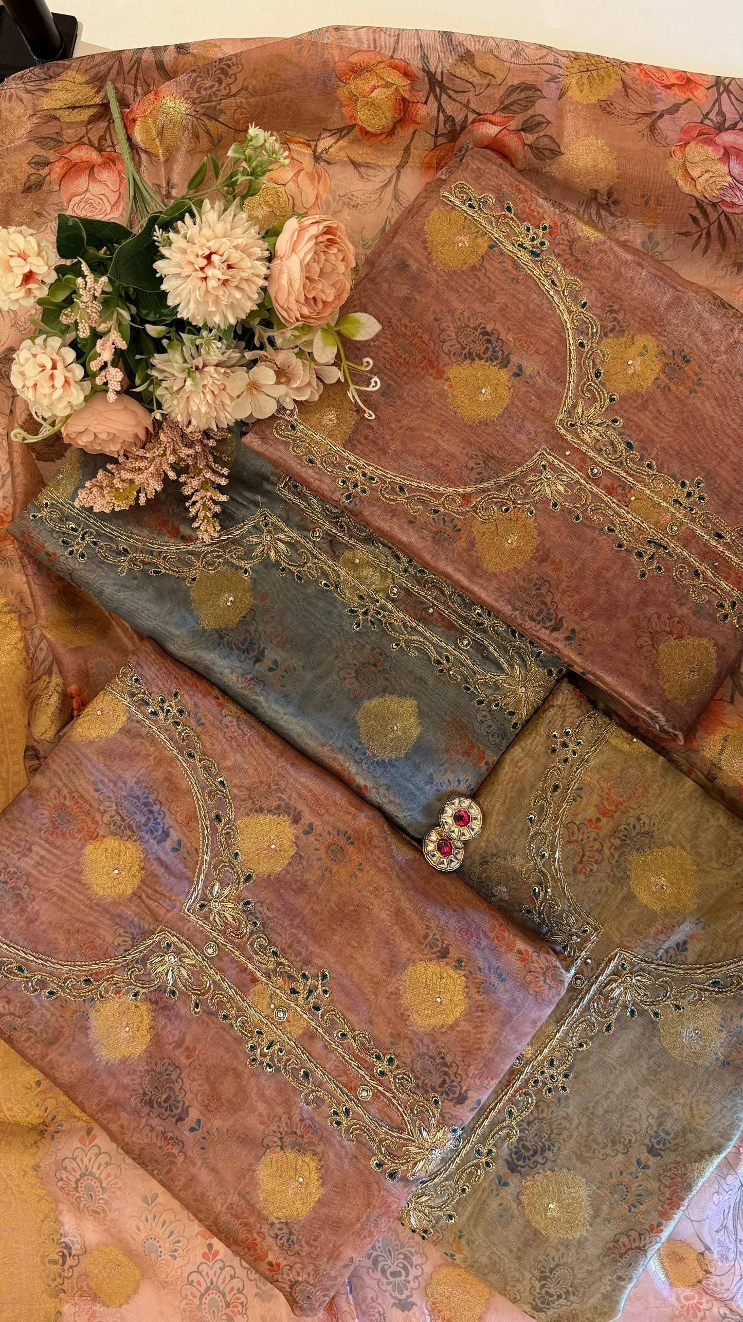 Women Organza Banarasi Weave Khaatli Handwork Suit Dress Material