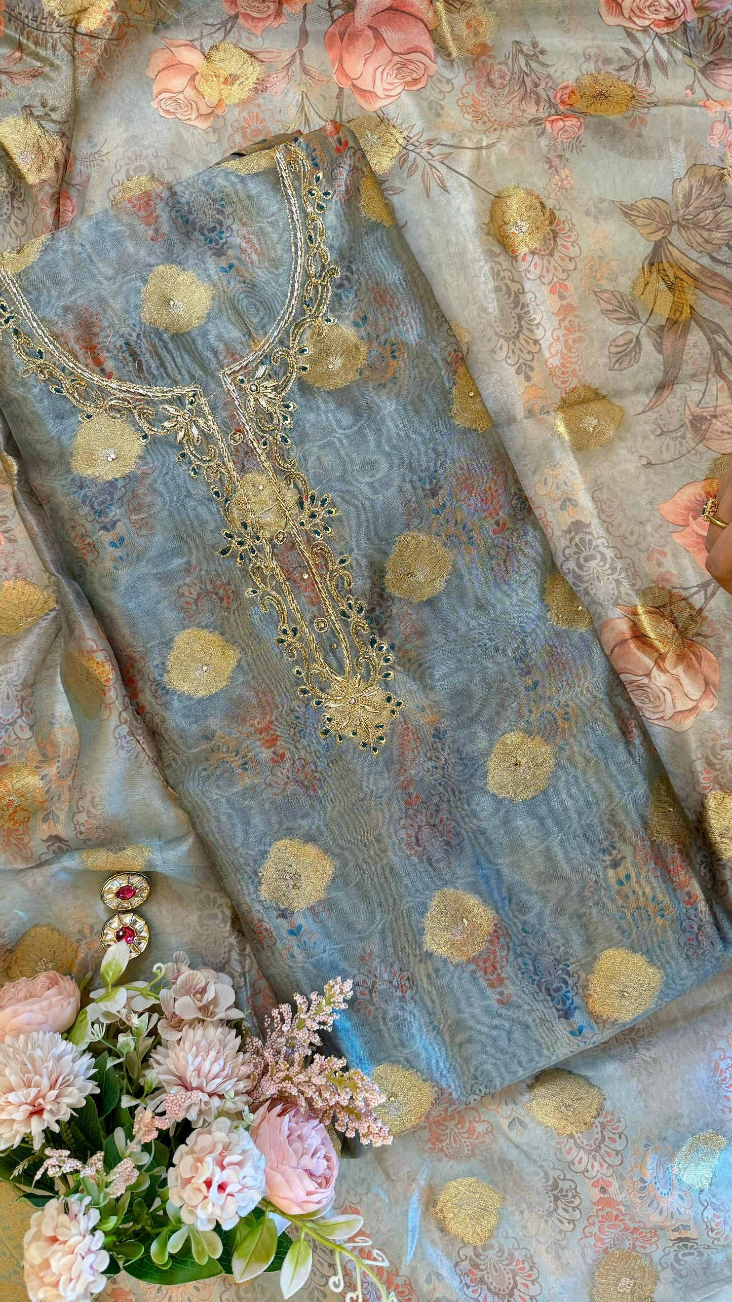 Women Organza Banarasi Weave Khaatli Handwork Suit Dress Material