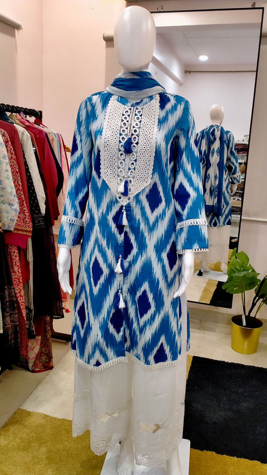 Women Pure Cotton Ikkat Print Readymade Suit Set