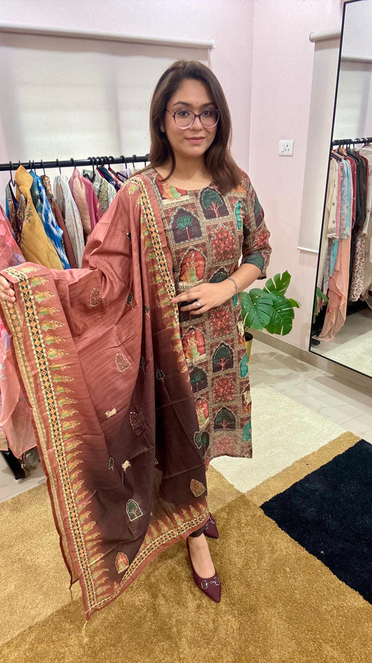 Women Tussar Silk Madhubani Print Kantha Embroidery Readymade Suit Set