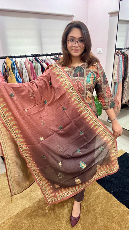 Women Tussar Silk Madhubani Print Kantha Embroidery Readymade Suit Set