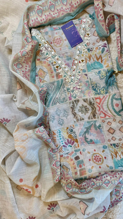 Women Mutlicolor Abstract Print Linen Suit Dress Material