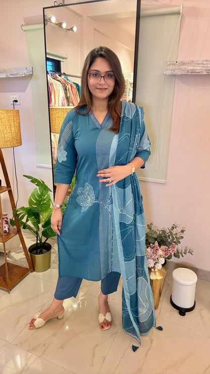 Women Muslin With Digital Print & French Knots Embroidery Readymade Suit Set