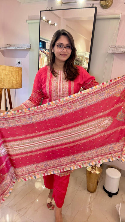 Women Kashida Print Muslin Readymade Suit Set