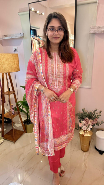 Women Kashida Print Muslin Readymade Suit Set
