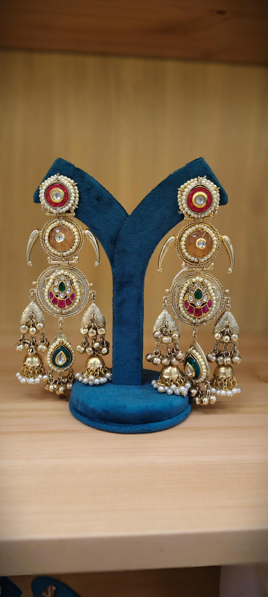 Afghani Pattern Earrings With Pearl and Ghungroo Detailing.
