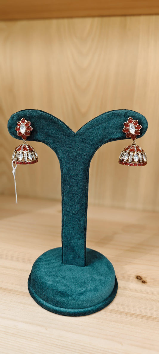 Ruby and Polki Jhumki Earrings With AD Stones