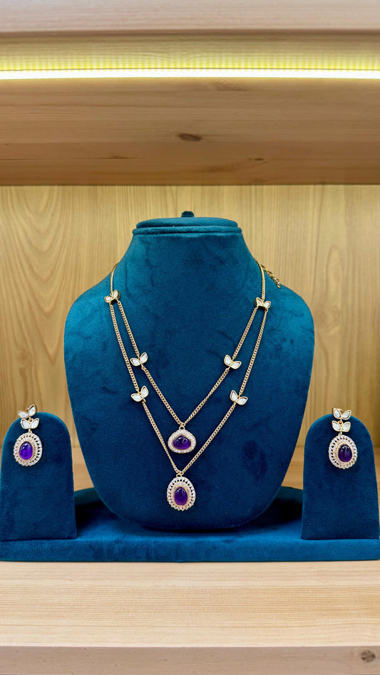 Two String Polki And Purple Stone Necklace Set With Drop Earrings