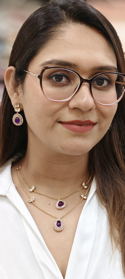 Two String Polki And Purple Stone Necklace Set With Drop Earrings