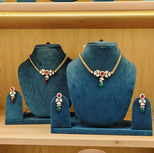 Polki Choker Set in Two Colors With Drop Earrings