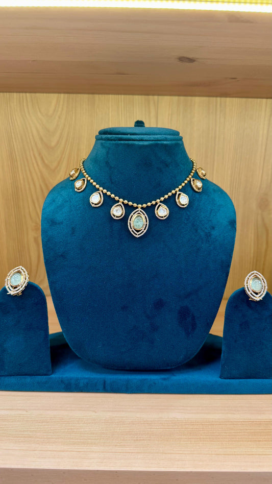 Matar Mala String With Polki Studs Charm And Turquoise Stone Studs Earrings