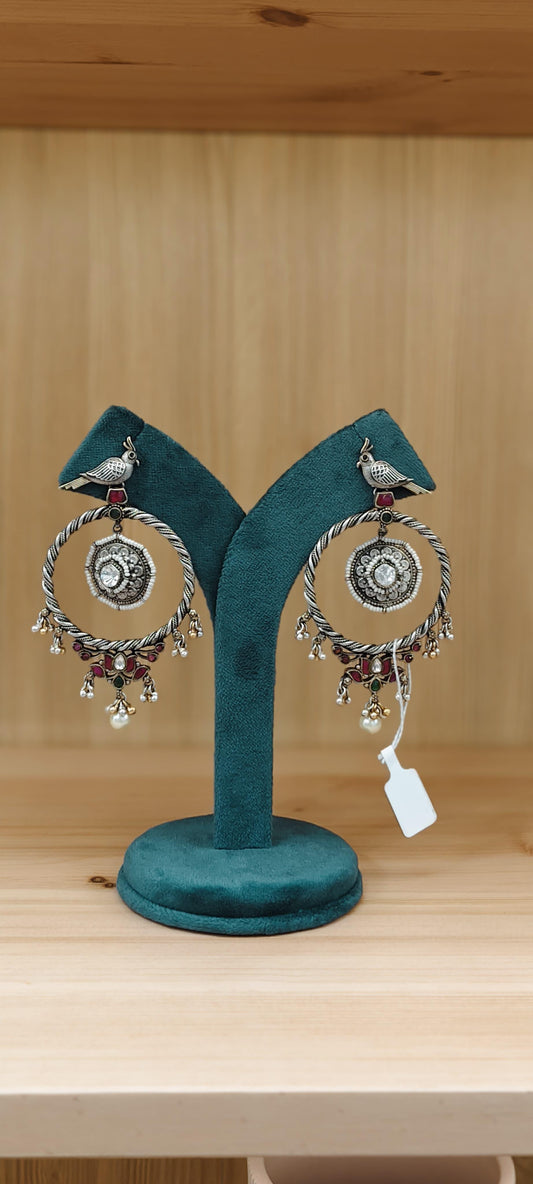 Oxidised Chandi Look Bird Earrings With Ruby Emerald Stones