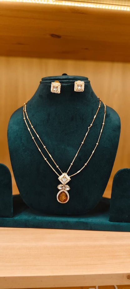 Double String Ball Chain Necklace With Attached Pendant & Stud Earrings