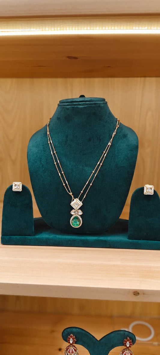 Double String Ball Chain Necklace With Attached Pendant & Stud Earrings