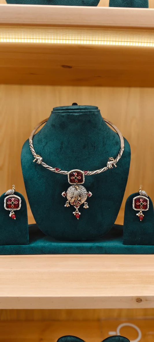 Chaandi Look oxidised Necklace With Peacock Motif and Kundan Work In Ruby Stone With Peacock Earrings