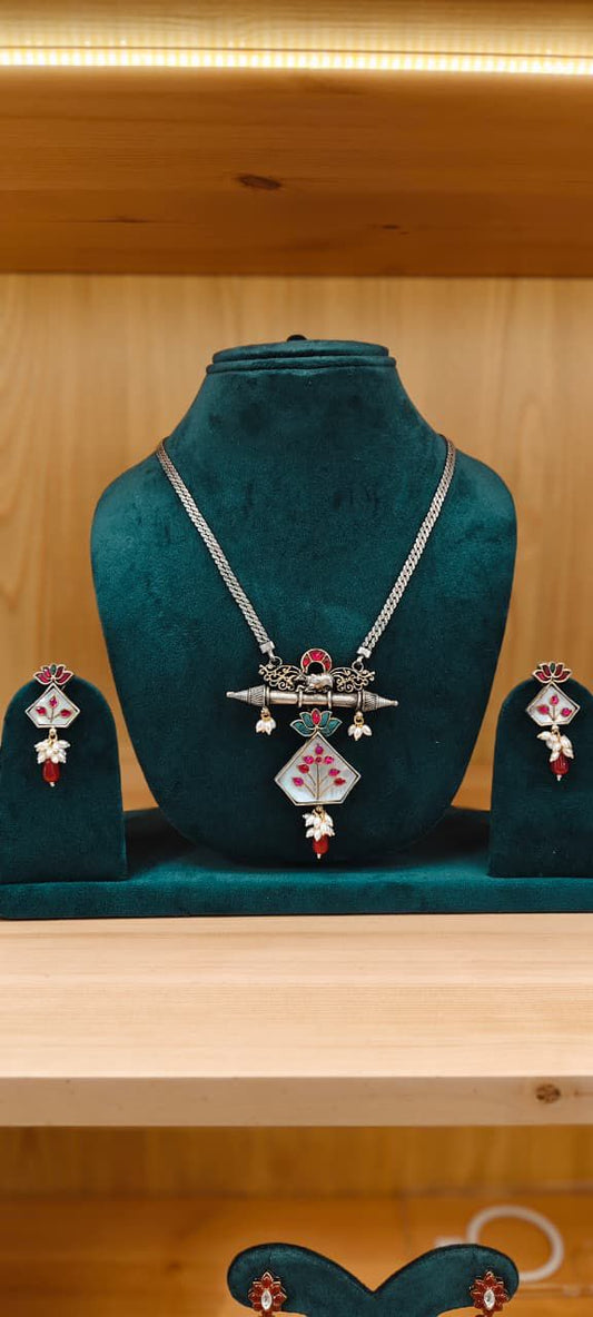 Oxidised Silver Meenakari Pendant Necklace Set