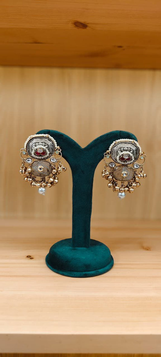 Antique Gold-Plated Kundan & Pearl Earrings