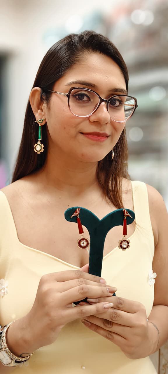 Enamelled Bird Design Red Drop Earring