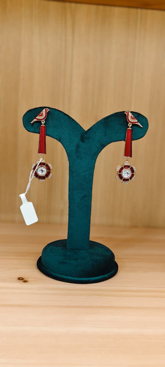 Enamelled Bird Design Red Drop Earring