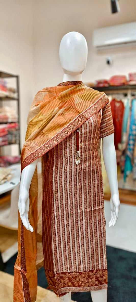 Striped Banarasi Organza Suit Set With Abstract Digital Print
