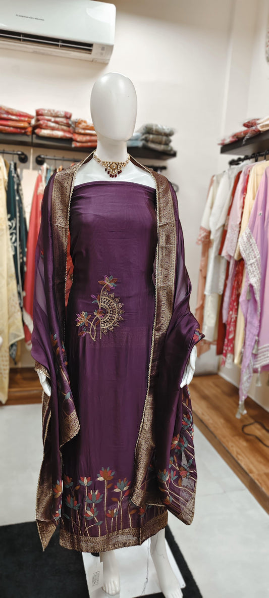 Silk Blend Dress Material with Embroidered Dupatta