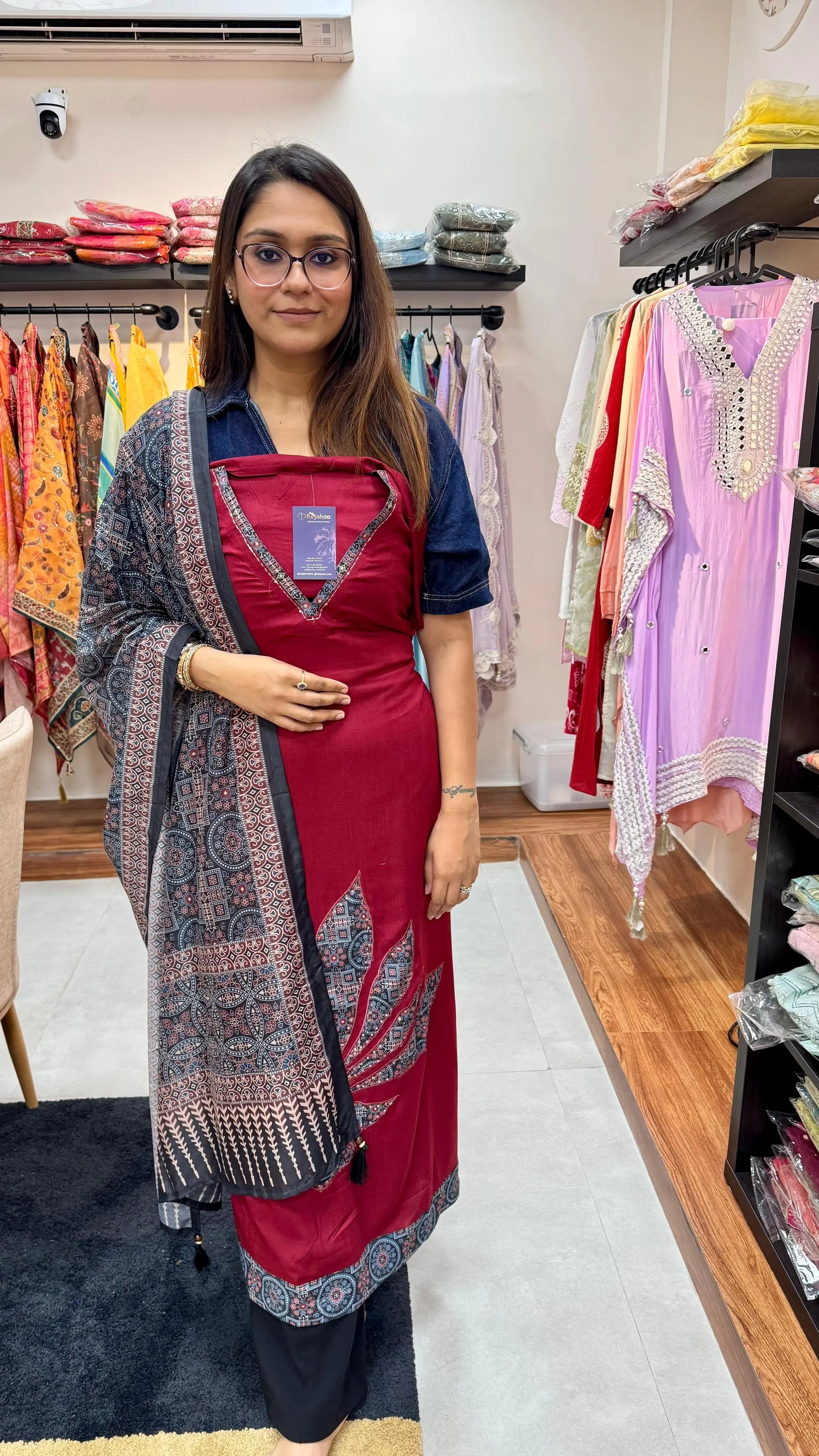 Rayon V-Neck Ajrakh Appliqué Dress Material with Dupatta Reyshaa