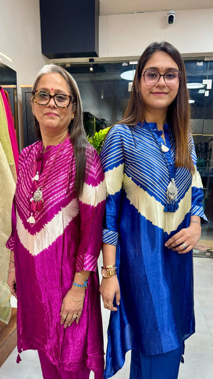 Gajji Silk Contemporary A-Line Co-ord Set in Blue & Magenta with Oxidised Necklace Reyshaa