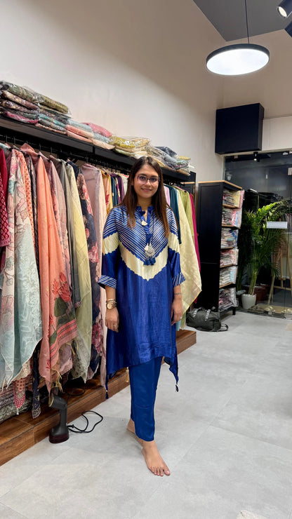Gajji Silk Contemporary A-Line Co-ord Set in Blue & Magenta with Oxidised Necklace Reyshaa