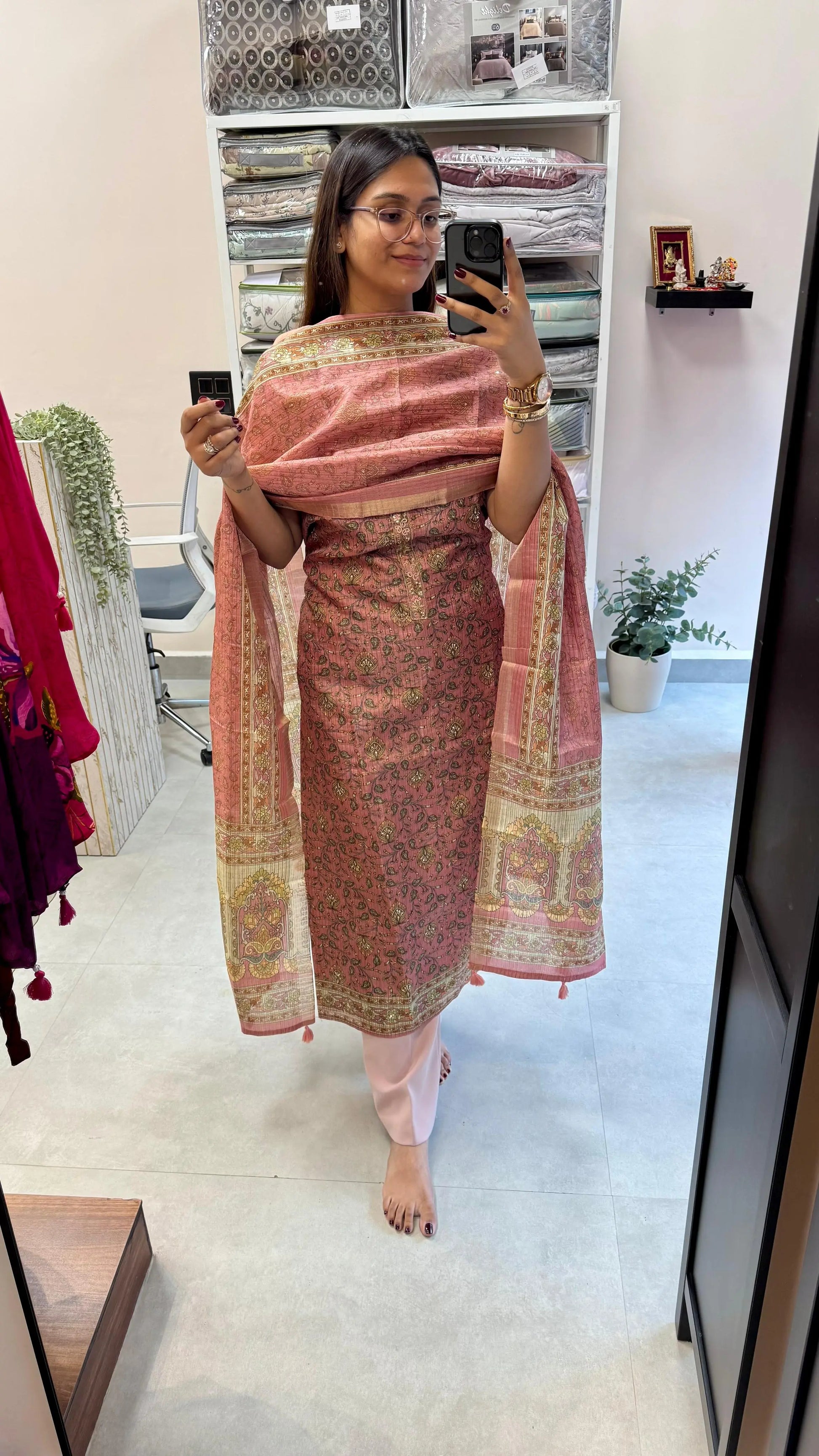 Tussar Silk Kalamkari Print Fabric with Sequins Embroidery – 4 Colors Reyshaa