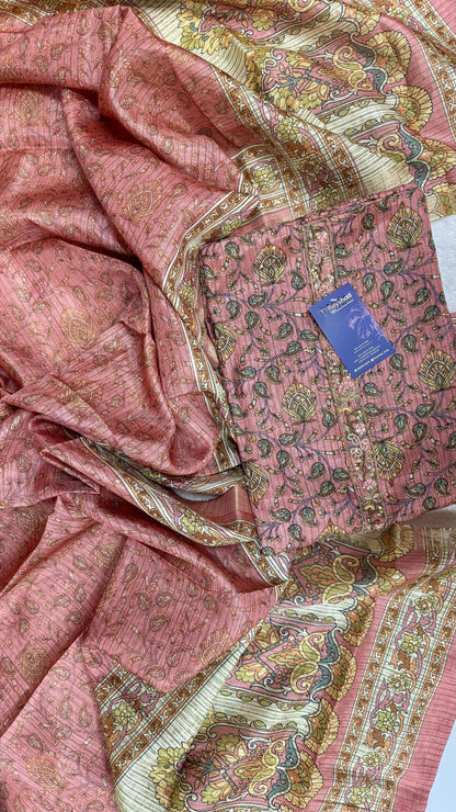 Tussar Silk Kalamkari Print Fabric with Sequins Embroidery – 4 Colors Reyshaa