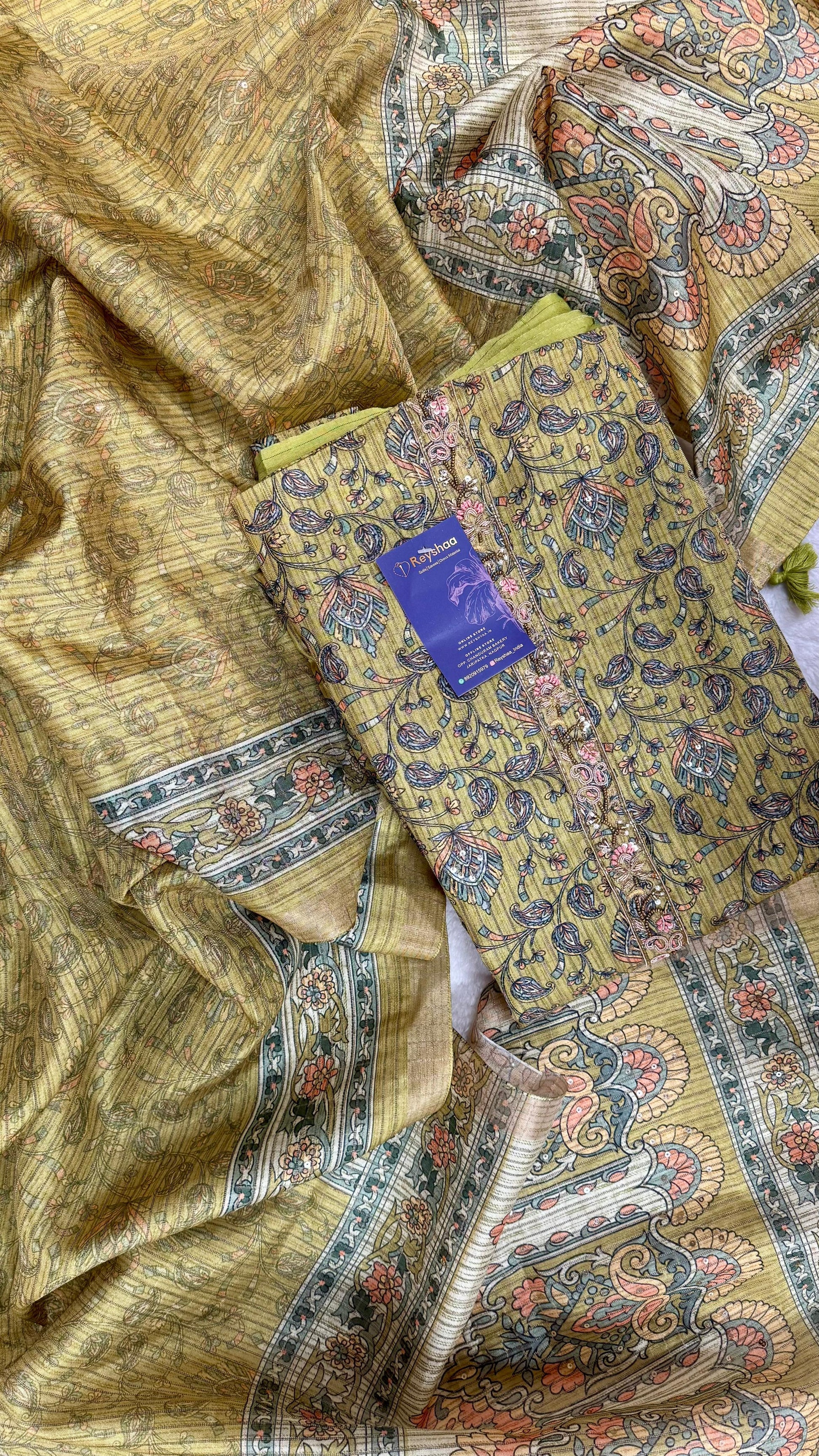 Tussar Silk Kalamkari Print Fabric with Sequins Embroidery – 4 Colors Reyshaa