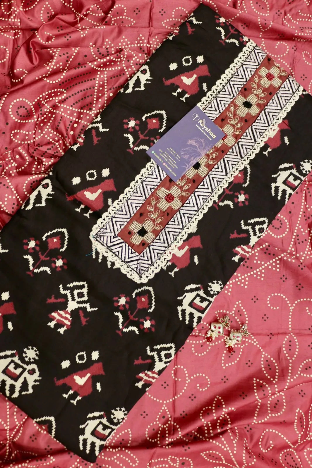 Worli Print Jaam Cotton Hand-Embroidered Suit Set with Bandhani Dupatta Reyshaa