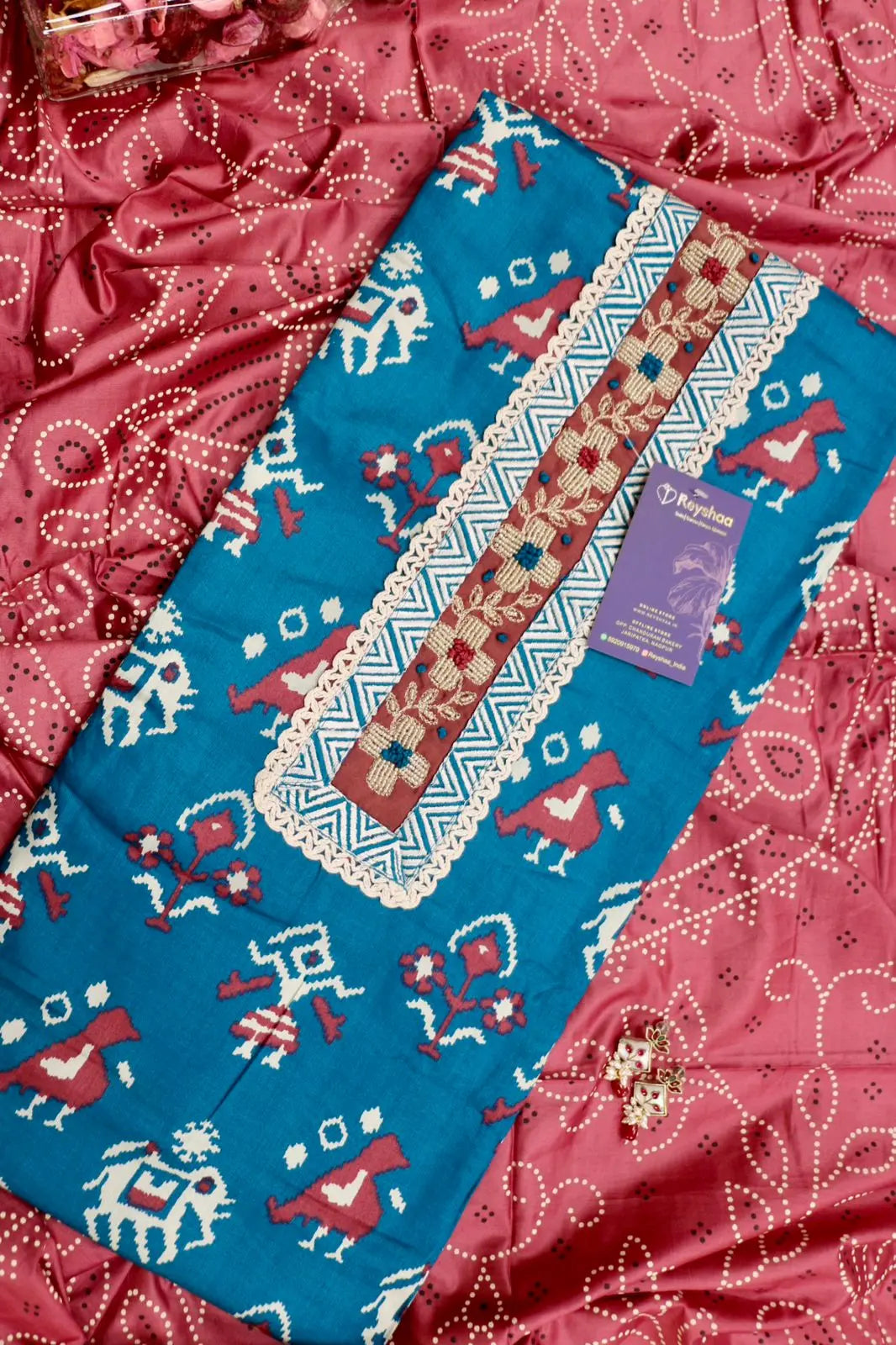 Worli Print Jaam Cotton Hand-Embroidered Suit Set with Bandhani Dupatta Reyshaa