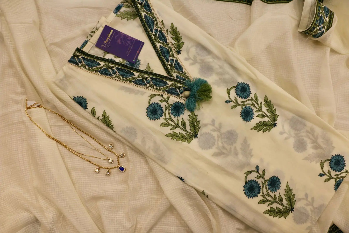 Pure Cotton Printed Embroidered Top with Soft Kota Dupatta Reyshaa