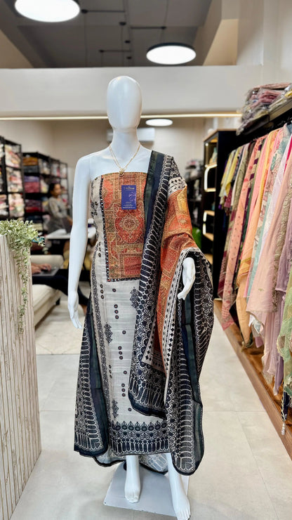 Elegant Tussar Silk Unstitched Suit Set with Intricate Detailing Reyshaa