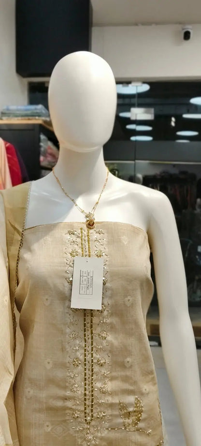 Pure Linen Swan Print Banarasi Boota Cutdana Handwork Dress Material Reyshaa