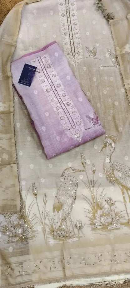 Pure Linen Swan Print Banarasi Boota Cutdana Handwork Dress Material Reyshaa