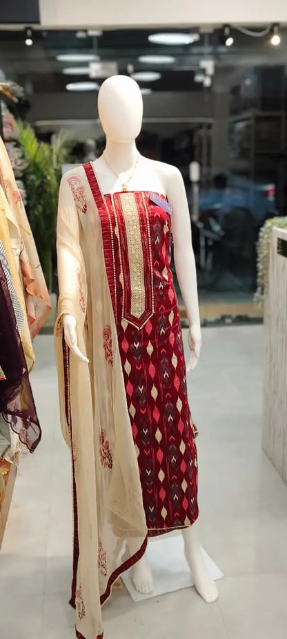 Pure Cotton Ikkat Print Dress Material with Pure Chiffon Block Print Dupatta Reyshaa