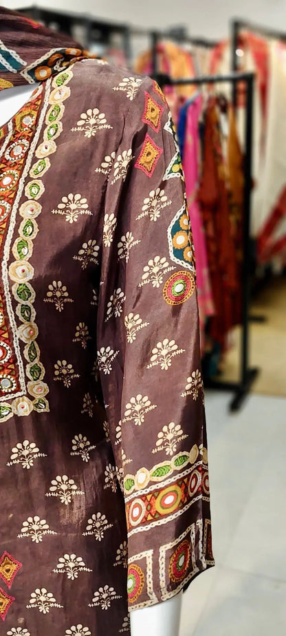 Ethnic Boota Print Crepe Gharara Set with Sequin–Thread Embellished Kurti & Pure Chiffon Printed Dupatta Reyshaa