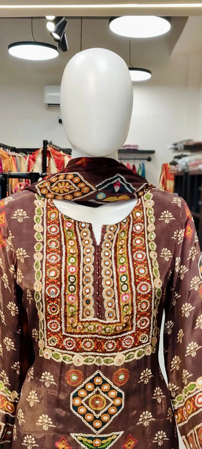 Ethnic Boota Print Crepe Gharara Set with Sequin–Thread Embellished Kurti & Pure Chiffon Printed Dupatta Reyshaa