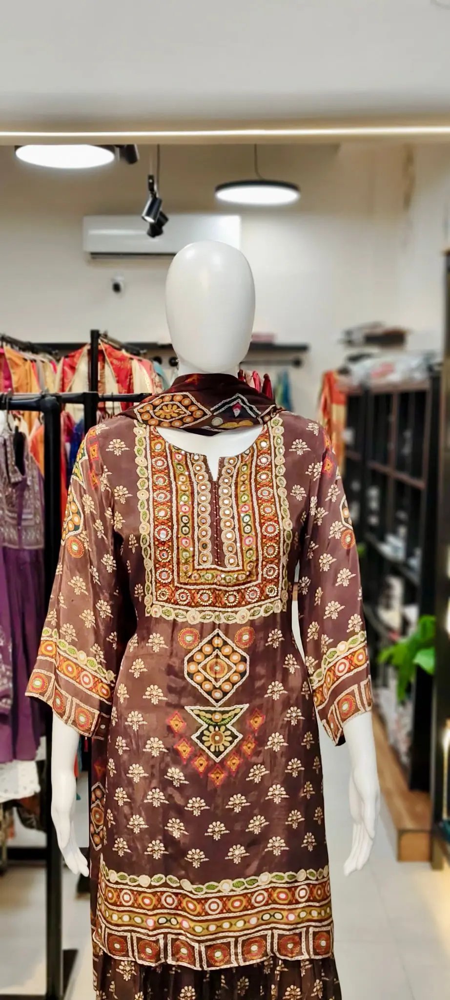 Ethnic Boota Print Crepe Gharara Set with Sequin–Thread Embellished Kurti & Pure Chiffon Printed Dupatta Reyshaa