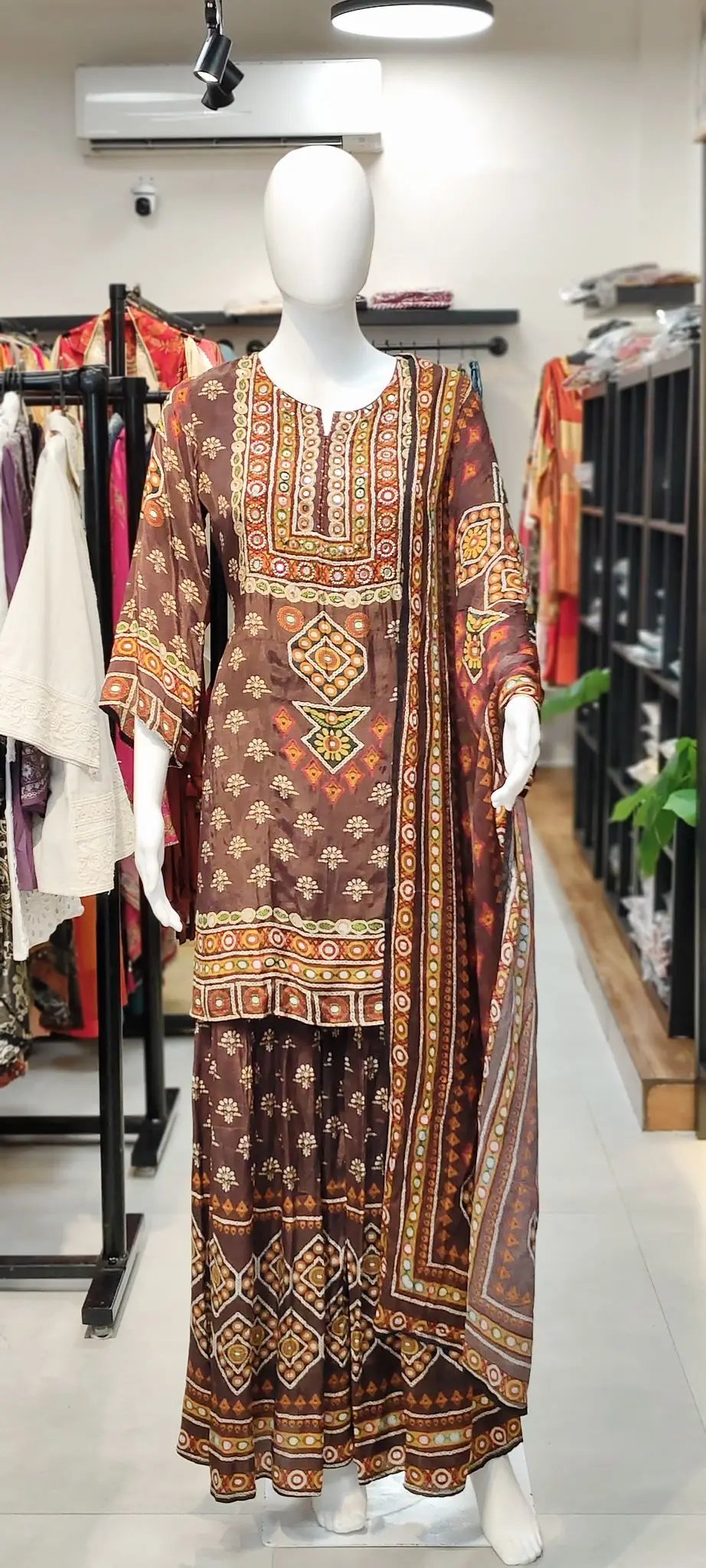 Ethnic Boota Print Crepe Gharara Set with Sequin–Thread Embellished Kurti & Pure Chiffon Printed Dupatta Reyshaa