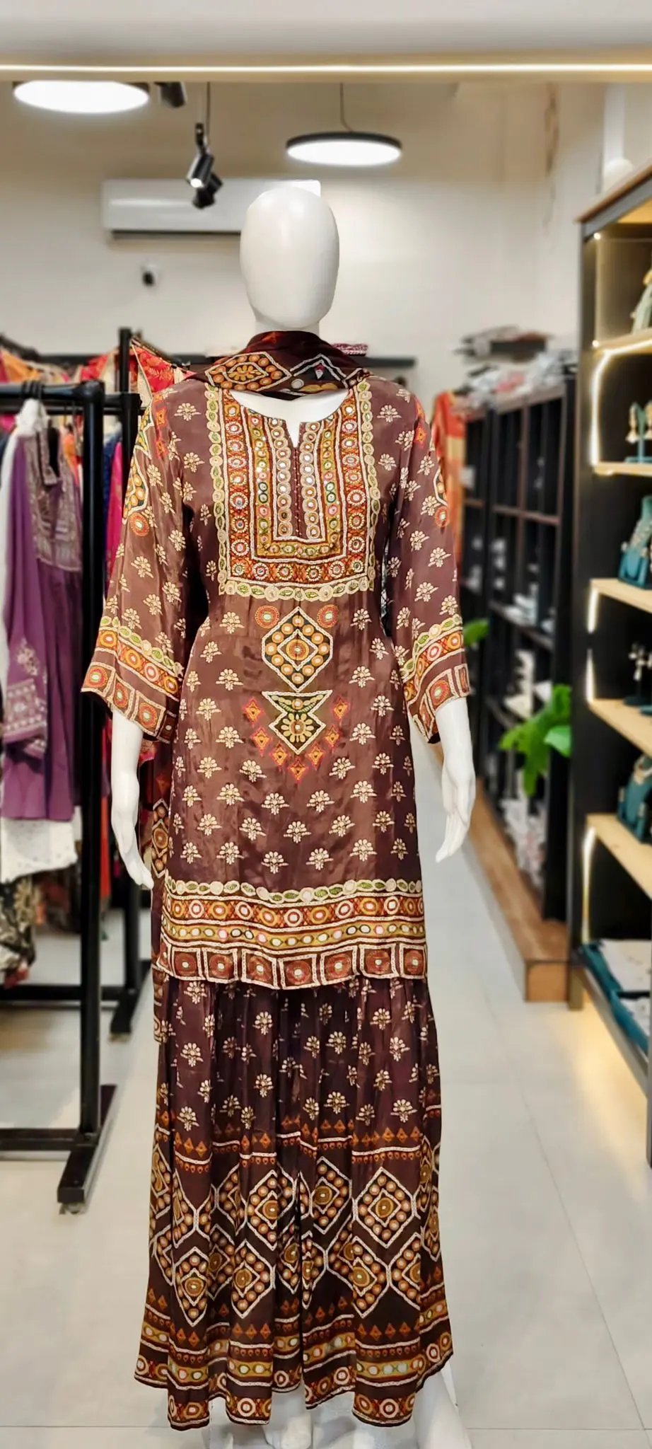 Ethnic Boota Print Crepe Gharara Set with Sequin–Thread Embellished Kurti & Pure Chiffon Printed Dupatta Reyshaa