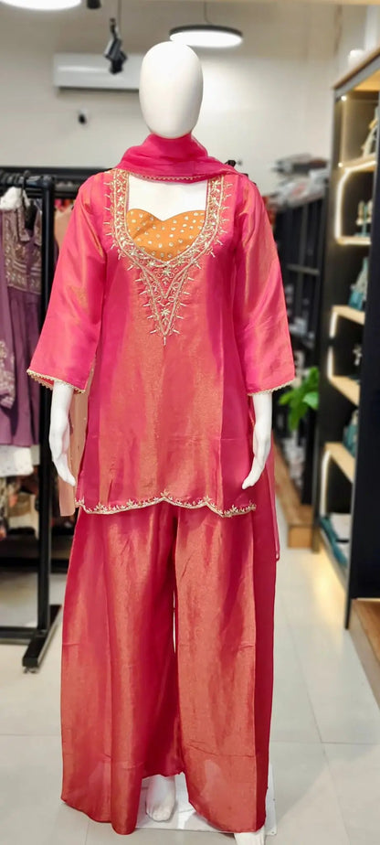 Shimmer Tissue Silk Scalloped Kurti With Cut-Dana Handwork & Flared Palazzo Set Reyshaa