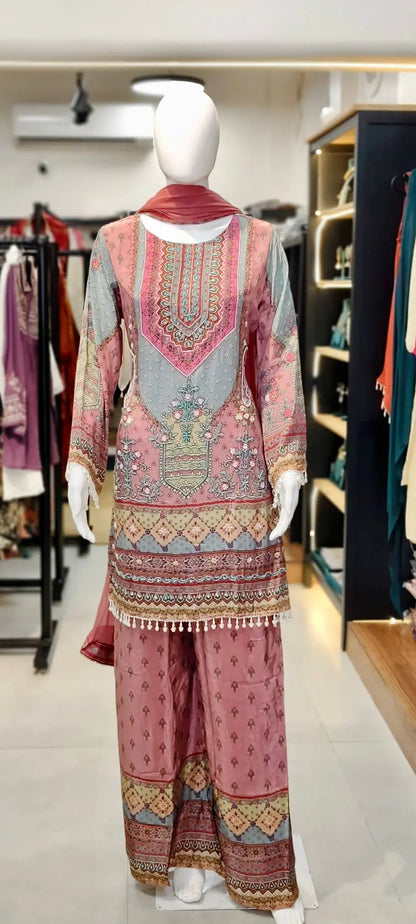Pure Crepe Placement-Print Karachi Work Palazzo Set with Embellished Kurti & Hand Tassels Reyshaa