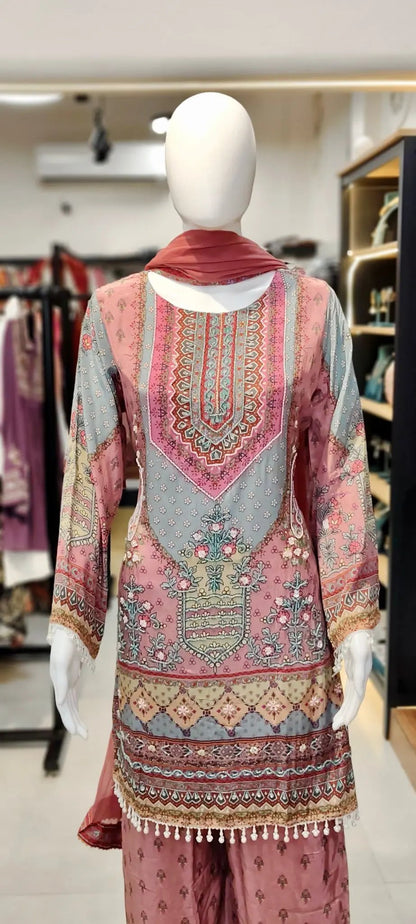 Pure Crepe Placement-Print Karachi Work Palazzo Set with Embellished Kurti & Hand Tassels Reyshaa