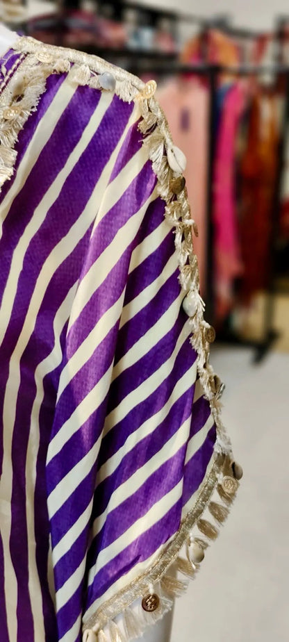 Silk Striped Kaftan Set with Flared Pants, Shell Fringe Lace & Heavy Real-Mirror Embroidered Patch Reyshaa