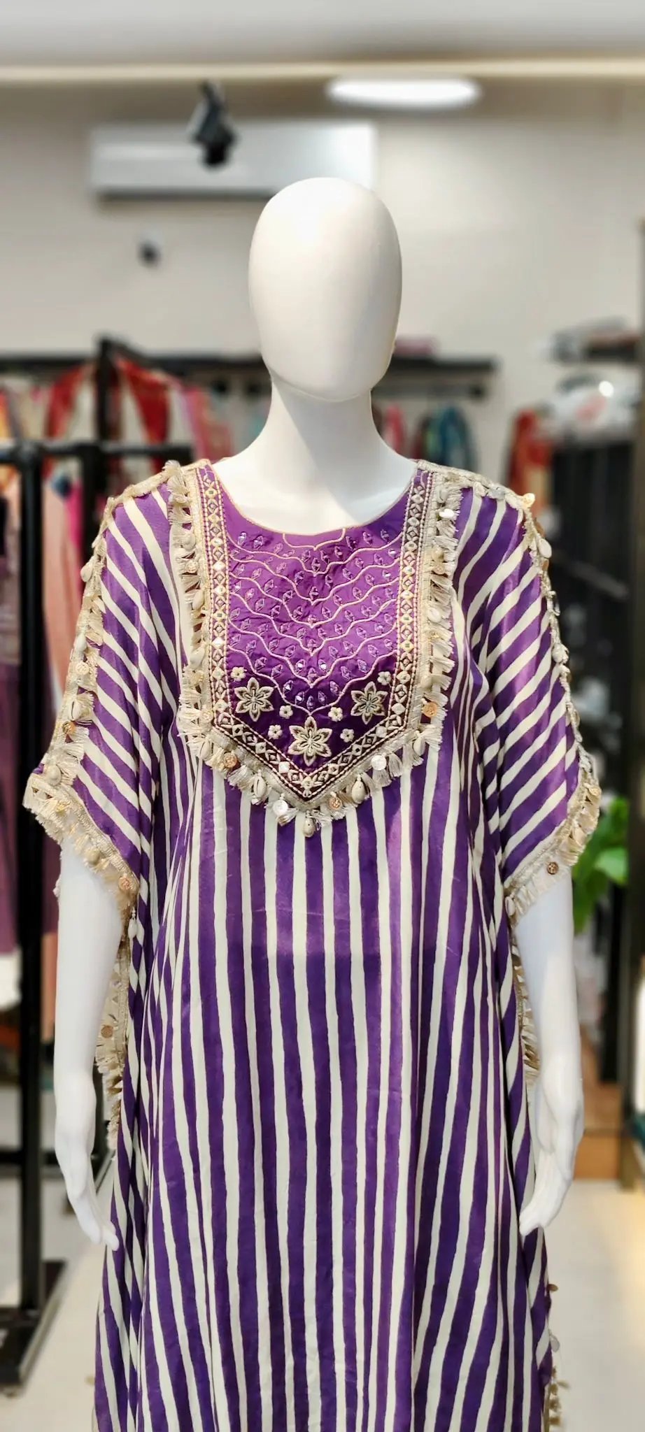 Silk Striped Kaftan Set with Flared Pants, Shell Fringe Lace & Heavy Real-Mirror Embroidered Patch Reyshaa