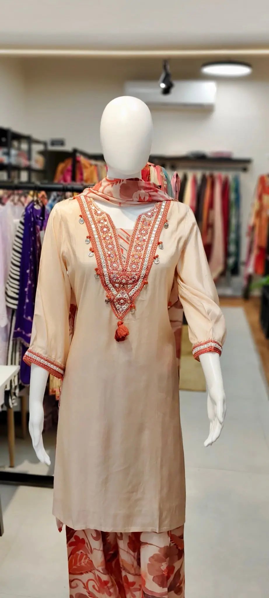 Butter Muslin Farshi Salwar Set with Boho Neck Embroidery & Digital Print Dupatta Reyshaa